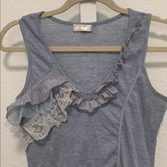Forla Paris Boho Blue Ruffle Details Ribbed Tank Top - Picture 2 of 8